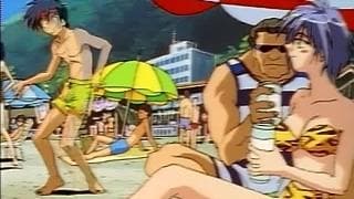 A hentai with a busty blonde on the beach