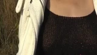 Amateur brunette gets her burger out in public