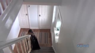 Sasha kneels down to suck off this nerd