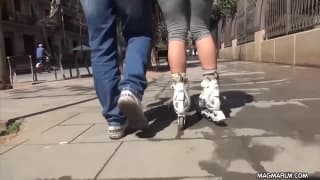 She’s a roller blading slut with a wet pussy