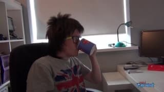 The nerd is getting sucked off by a horny bbw