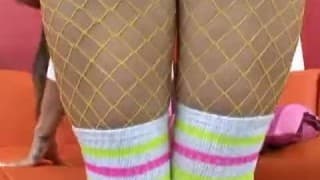 Young tight teen has great ass in yellow fishnets
